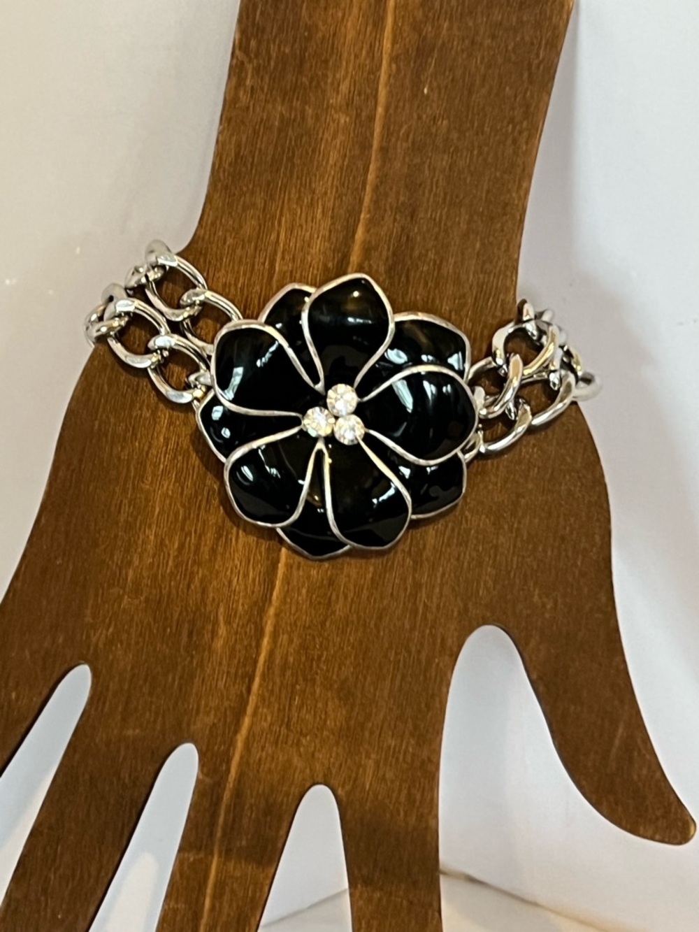 Black Floral Chain Bracelet with Crystal Center - Women Jewelry